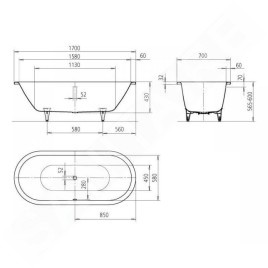 Kaldewei Ambiente - Baignoire Classic Duo Oval 116, 1700x700 mm, antidérapante sur toute la largeur, effet Perl, blanc