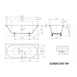Kaldewei Ambiente - Baignoire rectangulaire Classic Duo 109, 1800x750 mm, avec trous pour les poignées, effet Perl, blanc