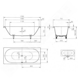 Kaldewei Ambiente - Baignoire rectangulaire Classic Duo 107, 1700x750 mm, antidérapante sur toute la surface, blanche