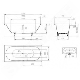 Kaldewei Ambiente - Baignoire rectangulaire Classic Duo 107, 1700x750 mm, avec trous pour les poignées, antidérapante, blanche