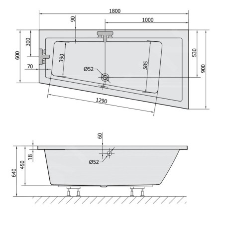 Polysan Baignoires - Baignoire asymétrique Andra Slim R, 1800 x 900 x 450 mm, blanc 78771S