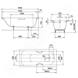 Kaldewei Advantage - Baignoire rectangulaire Saniform Plus Star 332, 1600x700 mm, avec trous pour poignées, antidérapant, effet