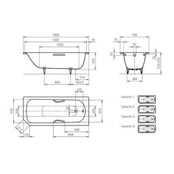 Kaldewei Advantage - Baignoire rectangulaire Saniform V1 Star 332, 1600x700 mm, avec trous pour poignées, blanc 134000010001
