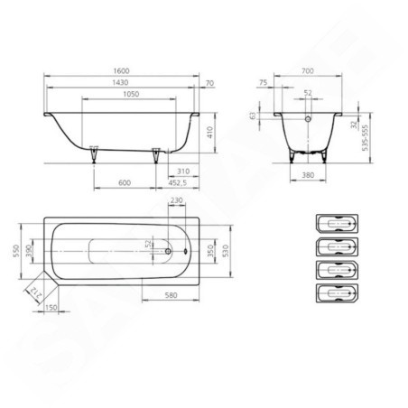 Kaldewei Advantage - Baignoire rectangulaire Saniform V1 362-1, 1600x700 mm, antidérapant, effet Perl, blanc 192130003001