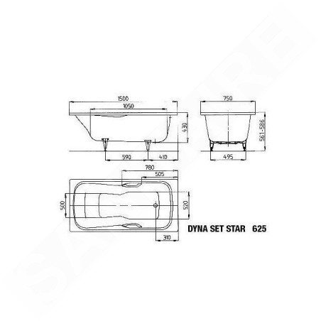 Kaldewei Ambiente - Baignoire Dyna Set Star 625, 1500x750 mm, avec trous pour les poignées, blanc 226700010001