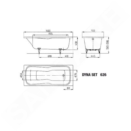 Kaldewei Ambiente - Baignoire rectangulaire Dyna Set 626, 1600x700 mm, antidérapante, blanche 226830000001