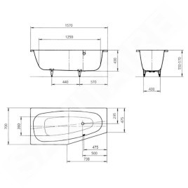 Kaldewei Advantage - Baignoire asymétrique Mini Star gauche 837, 1570x700/475 mm, avec trous pour poignées, antidérapant sur