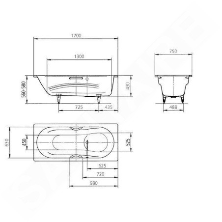 Kaldewei Ambiente - Baignoire rectangulaire Vaio Set 954, 1700x750 mm, antidérapant, effet Perl, blanc 233430003001