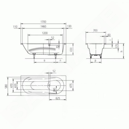 Kaldewei Ambiente - Baignoire Vaio Set 944, 1700x700 mm, antidérapante, blanche 234430000001