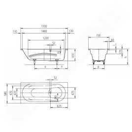 Kaldewei Ambiente - Baignoire Vaio Set 945, 1700x700 mm, trous pour poignées, effet Perl, antidérapant sur toute la largeur,