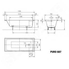 Kaldewei Ambiente - Baignoire Puro 687, 1700x700 mm, effet perl, antidérapant, blanc 258730003001