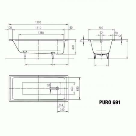 Kaldewei Ambiente - Baignoire Puro 691, 1700x800 mm, effet perl, antidérapant, blanc 259130003001