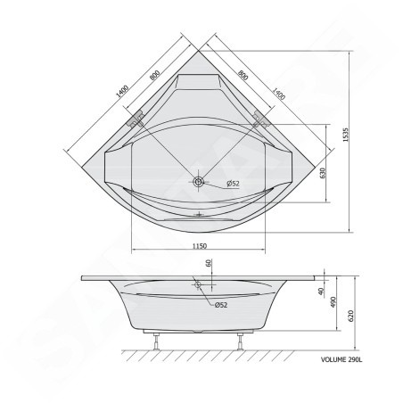 Polysan Baignoires - Baignoire d´angle ROSANA, 1400 x 1400 x 490 mm, blanc 64119