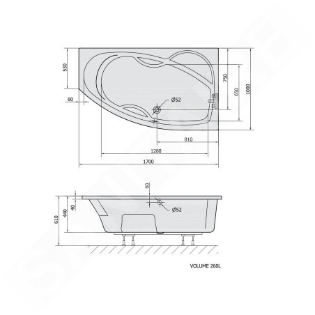 Polysan Baignoires - Baignoire asymétrique MAMBA R, 1700 x 1000 x 470 mm, blanc 77111