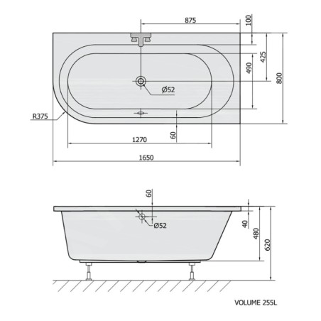 Polysan Baignoires - Baignoire asymétrique Astra R 1650 x 800 x 480 mm, droite, blanc 34611