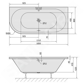 Polysan Baignoires - Baignoire asymétrique VIVA R 185, 1850 x 800 x 470 mm, droite, blanc 72129