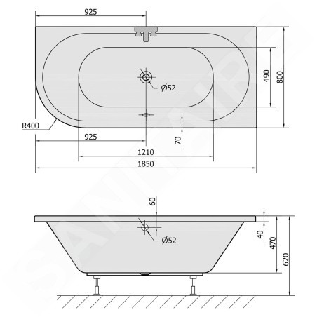 Polysan Baignoires - Baignoire asymétrique VIVA R 185, 1850 x 800 x 470 mm, droite, blanc 72129
