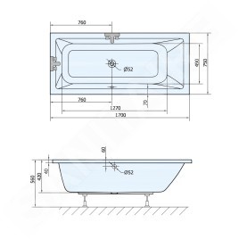 Aqualine Baignoires - Baignoire rectangulaire NISA, 1700x750x420 mm, blanc A1775