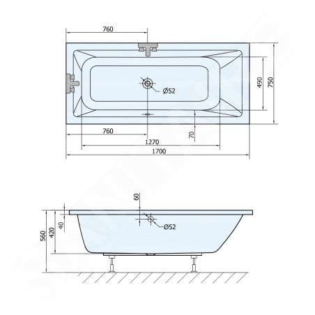 Aqualine Baignoires - Baignoire rectangulaire NISA, 1700x750x420 mm, blanc A1775