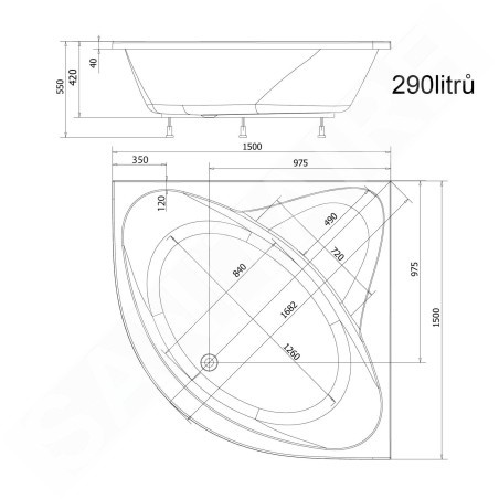 Aqualine Baignoires - Baignoire d'angle DYJE, 1500x1500x420 mm, blanc A1550
