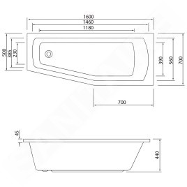 Aqualine Céramique - Baignoire Opava 1600x700x440 mm, droite, blanche A1671