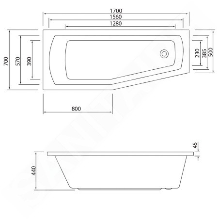 Aqualine Céramique - Baignoire Opava 1700x700x440 mm, gauche, blanc C1770