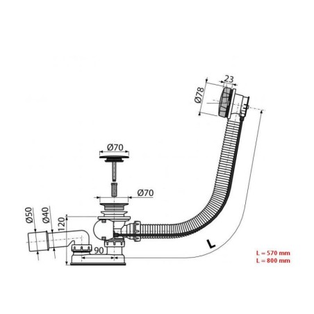 Alcadrain Garnitures de vidage - Kit vidange et trop-plein pour baignoire, longueur 800 mm, chromé A55KM-80