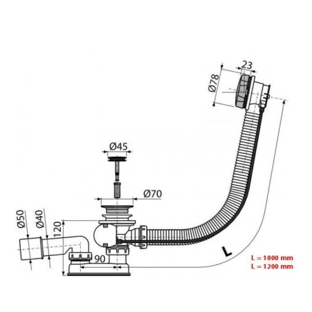 Alcadrain Garnitures de vidage - Kit vidange et trop-plein pour baignoire, longueur 1000 mm, chromé A55K-100