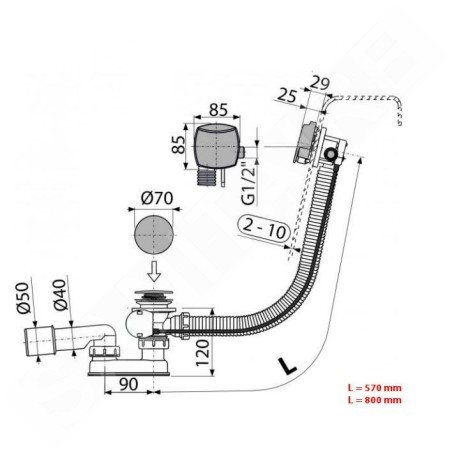Alcadrain Garnitures de vidage - Kit vidange et trop-plein de baignoire avec remplissage, longueur 800 mm, métal A564KM1-80