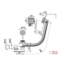 Alcadrain Garnitures de vidage - Kit vidange et trop-plein de baignoire avec remplissage, longueur 1000 mm, métal A564KM1-100