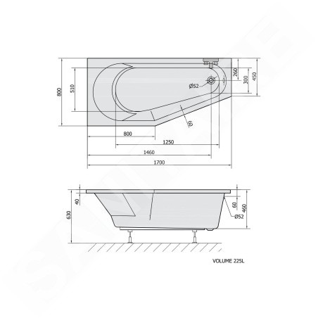 Polysan Baignoires - Baignoire asymétrique Tigra L, 1700 x 800 x 460 mm, blanc 90111