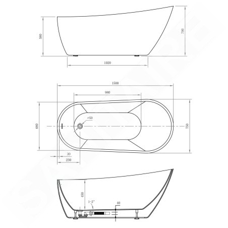 Aqualine Baignoires - Baignoire autoportante Tisa, 1700x750 mm, blanc E1575