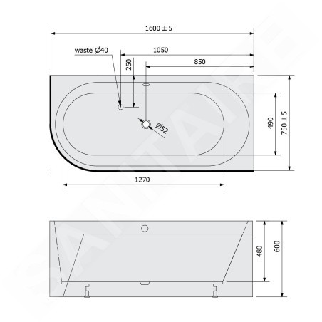 Polysan Monolith - Baignoire asymétrique Astra R 1600x750x600 mm, droite, blanc 34611M