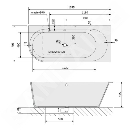 Polysan Baignoires - Baignoire Sussi R, 1600x700x495 mm, droite, blanc 90191R