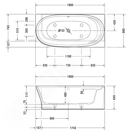 Duravit Cape Cod - Baignoire d'angle 1900x900 mm, version droite, blanc 700363000000000