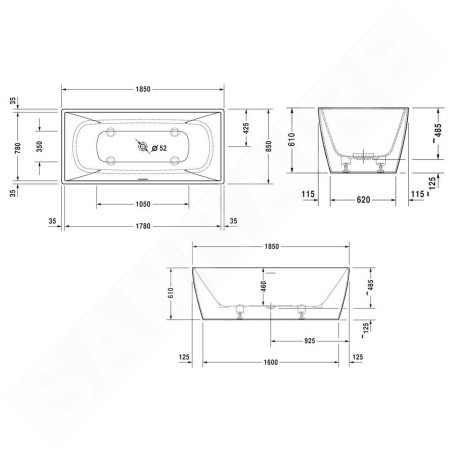 Duravit DuraSquare - Baignoire îlot, 1850x850 mm, DuraSolid, ClickClack, blanc 700430000000000