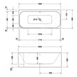 Duravit Happy D.2 Plus - Baignoire 1800x800 mm, droite, avec panneau, blanc / graphite super matt 700450800000000