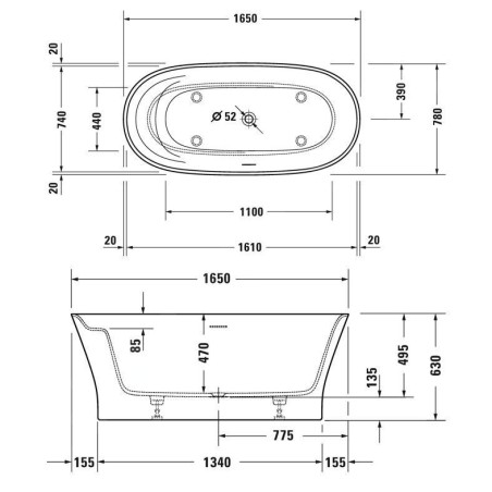 Duravit Cape Cod - Baignoire îlot, 1650x780 mm, DuraSolid, ClickClack, blanc 700459000000000