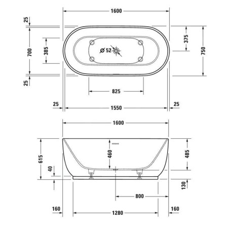 Duravit Luv - Baignoire îlot, 1600x750 mm, DuraSolid, ClickClack, blanc 700461000000000