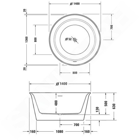 Duravit White Tulip - Baignoire îlot, diamètre 1400 mm, ClickClack, blanc 700470000000000