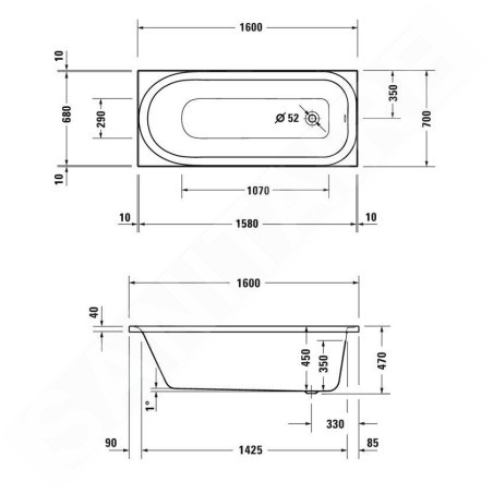 Duravit Soleil by Starck - Baignoire 1600x700 mm, blanc 700499000000000