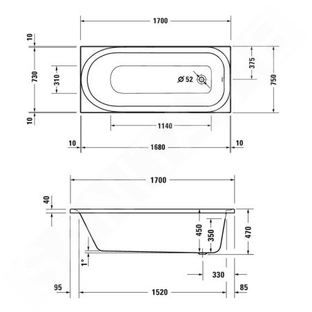 Duravit Soleil by Starck - Baignoire 1700x750 mm, blanc 700501000000000