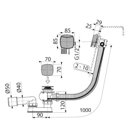 Alcadrain Garnitures de vidage - Kit vidange et trop-plein de baignoire avec remplissage, longueur 1000 mm, chromé A564CRM2-100