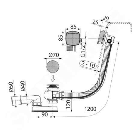 Alcadrain Garnitures de vidage - Kit vidange et trop-plein de baignoire avec remplissage, longueur 1200 mm, chromé A564CRM1-120