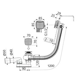 Alcadrain Garnitures de vidage - Kit vidange et trop-plein de baignoire avec remplissage, longueur 1200 mm, chromé A564CRM2-120