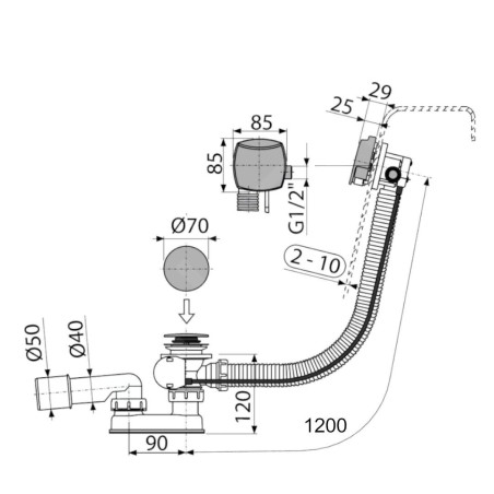 Alcadrain Garnitures de vidage - Kit vidange et trop-plein de baignoire avec remplissage, longueur 1200 mm, métal A564KM1-120