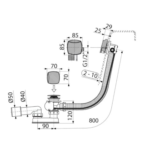 Alcadrain Garnitures de vidage - Kit vidange et trop-plein de baignoire avec remplissage, longueur 800 mm, chromé A564CRM3-80