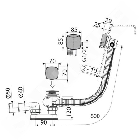 Alcadrain Garnitures de vidage - Kit vidange et trop-plein de baignoire avec remplissage, longueur 800 mm, métal A564KM3-80