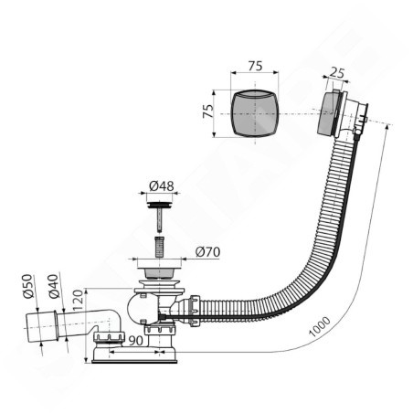 Alcadrain Garnitures de vidage - Kit vidange et trop-plein pour baignoire, longueur 1000 mm, chromé A51CR-100