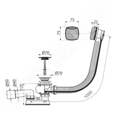 Alcadrain Garnitures de vidage - Kit vidange et trop-plein pour baignoire, longueur 1000 mm, chromé A51CRM-100